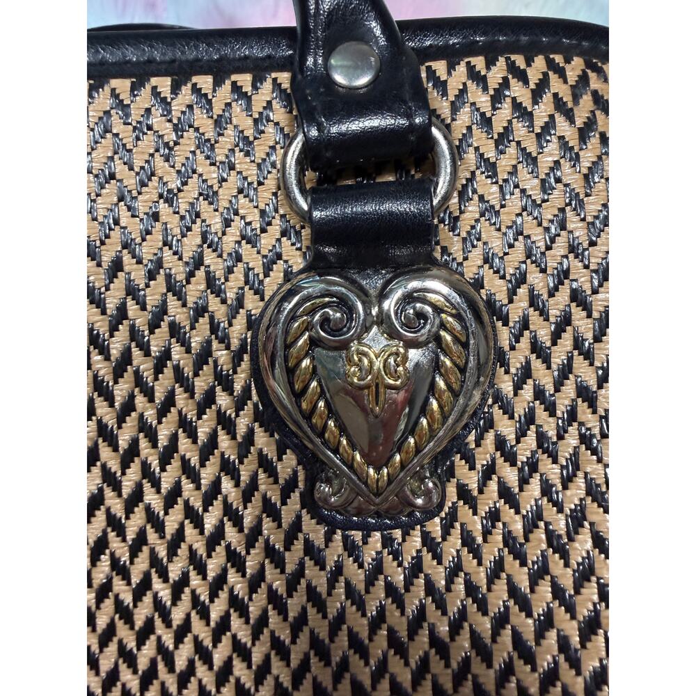Marlo Heart Hardware Woven Satchel Handbag Black Tan - Picture 4 of 16